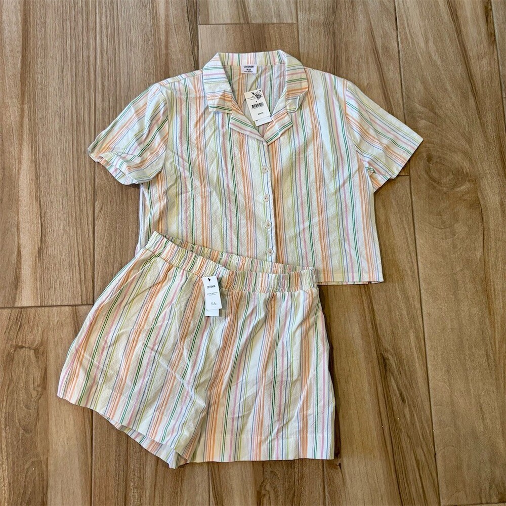 Cotton On Pajama Set Womens M Rainbow Stripe Cropped Shirt & Shorts 2pc